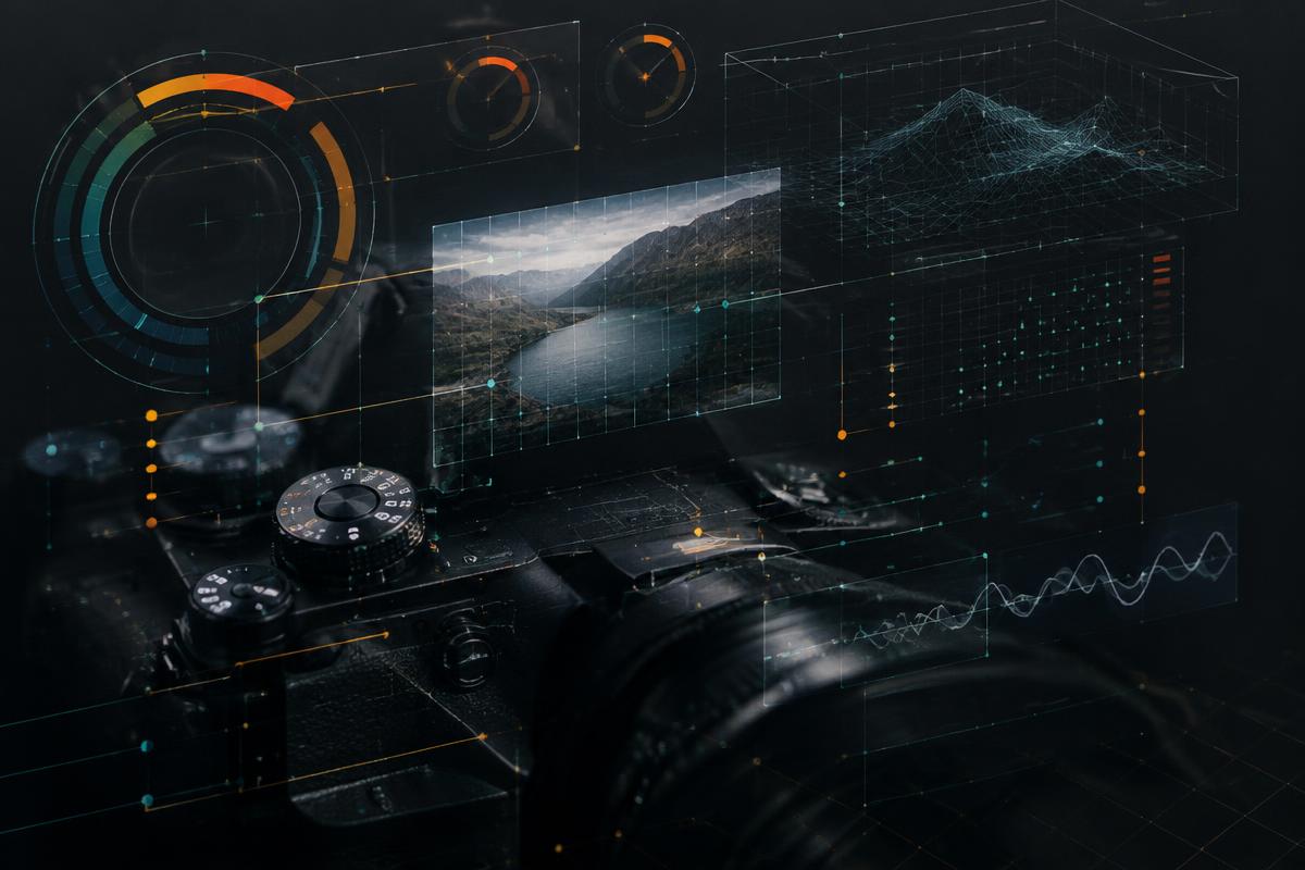 מצלמה עם שכבות מידע טכני שקופות מעליה